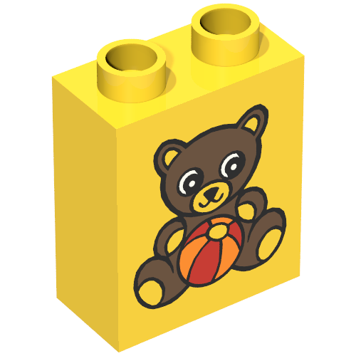 Lego Duplo Brick 1 x 2 x 2 with Teddy Bear and Ball Print / Yellow