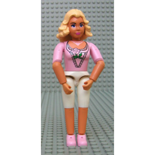 Lego Belville Figure Articulated Elbows, Female, Light Yellow Hair, White Shorts, Pink Shirt with Rose Print / Nougat