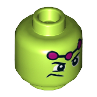 Lego Minifig Head Brainiac, Frown, Magenta Connected Dots Print [Hollow Stud] / Lime