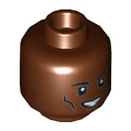 Minifig Head James Rhodes (War Machine), Cheek Lines, Open Mouth Smile / Grin Print [Hollow Stud] / Reddish Brown