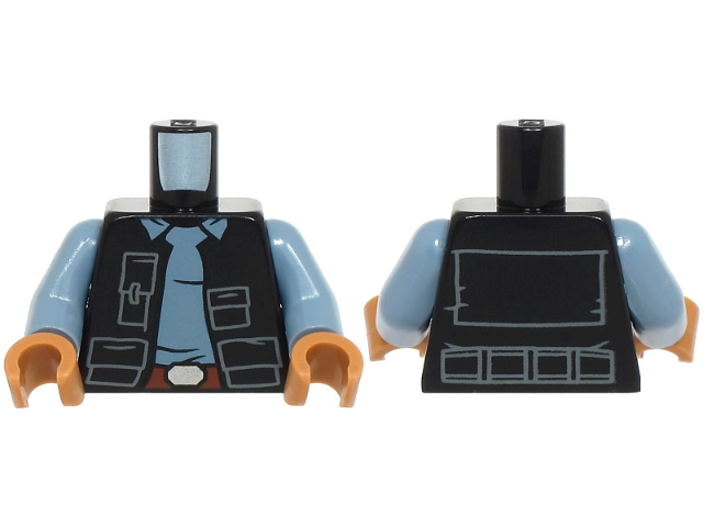 Lego Torso SW Vest Open with Pockets over Sand Blue Shirt with Collar, Reddish Brown Belt with Silver Buckle Pattern / Sand Blue Arms / Medium Nougat Hands