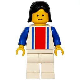Woman, White Top with Large Red Stripe and 2 Blue Stripes, White Legs, Black Hair