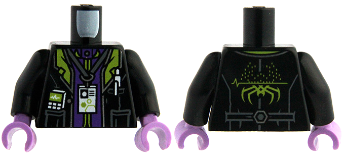 Lego Torso Black Lab Coat with Dark Bluish Gray Pockets and Silver Trim with ID Card on Lanyard, Dark Purple and Lime Undershirt Pattern / Black Arms / Medium Lavender Hands