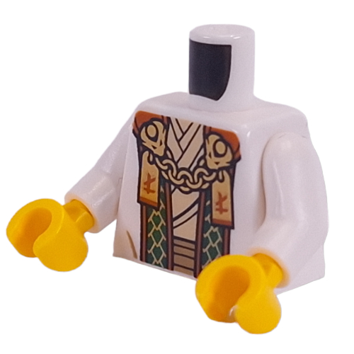 Lego Torso, Robe, Dark Green/Gold Sash, Dark Orange Trim, Gold Chain, Asian Symbols print, White Arms, Yellow Hands / White