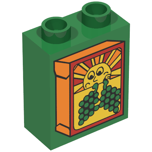 Lego Duplo Brick 1 x 2 x 2 with Box with Sun and Grapes (Grape Juice Box) Print / Green