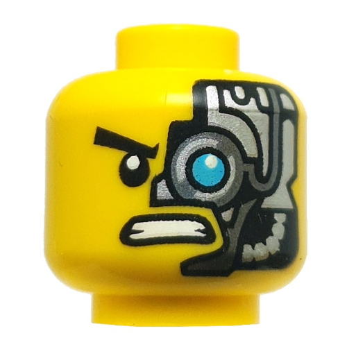 Lego Minifig Head Zane Black Eyebrows, Neutral / Cyborg Side with Medium Azure Eye / Yellow