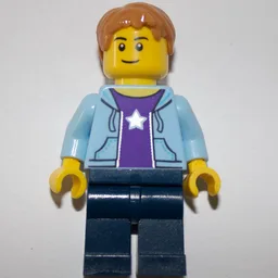 Man, Open Bright Light Blue Hoodie over Dark Purple Shirt with Star, Dark Blue Legs