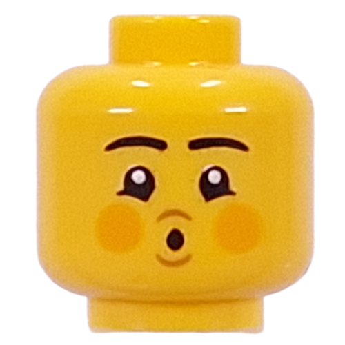 Lego Minifig Head Black Eyebrows, Cheeks, Open Mouth Smile / Blowing / Yellow