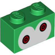 Lego Brick Special 1 x 2 with 2 Studs on 1 Side with, White Eyes, Red Pupils print / Green
