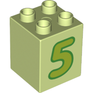Lego Duplo Brick 2 x 2 x 2 with Lime '5' Print / Yellowish Green