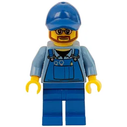 Man, Blue Overalls over Shirt, Blue Legs, Blue Cap, Beard and Glasses