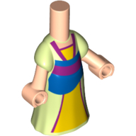 Lego Microdoll Body Long Dress Yellowish Green with Bright Light Orange Under Dress, Blue Skirt, Dark Pink Trim, Light Nougat Hands
