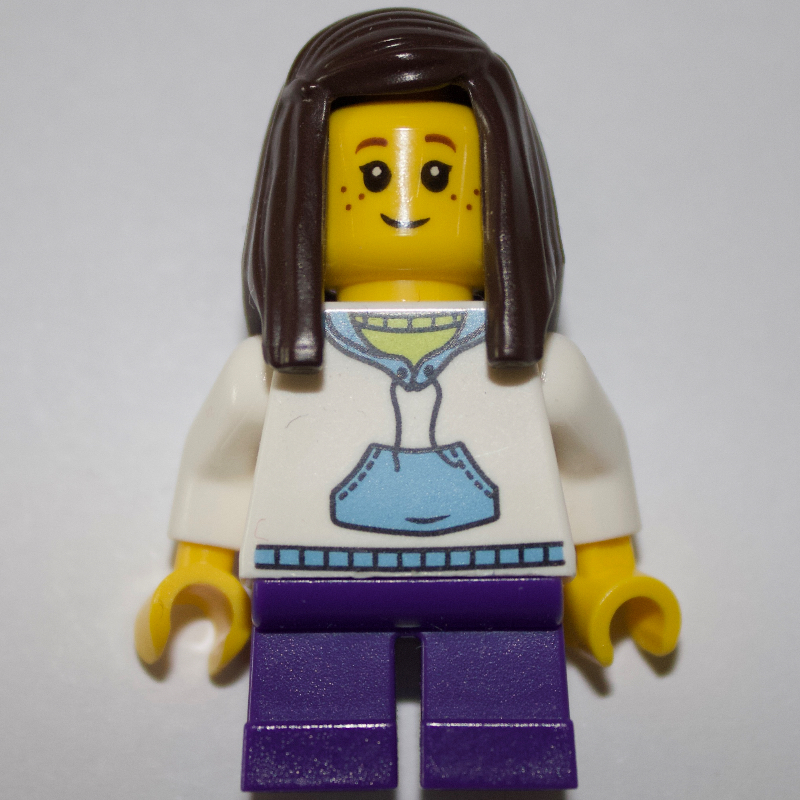 Lego Kid - White Torso, Dark Purple Legs, Dark Brown Hair