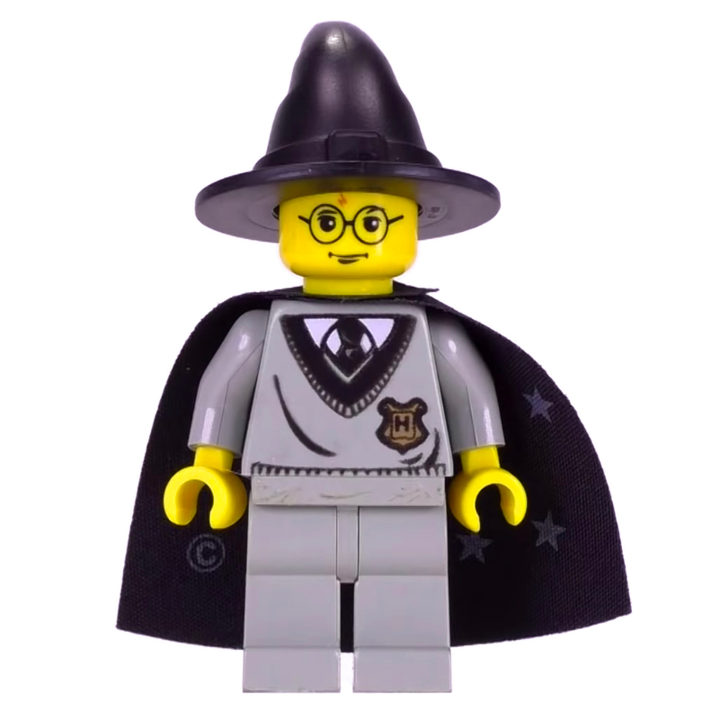 Lego Harry Potter, Yellow Skin, Hogwarts Sweater with Crest, Black Hat, Cape with Stars