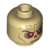 Lego Minifig Head Szass Tam, Black Eyebrows, Red Eyes, Gold Markings, Frown / Tan