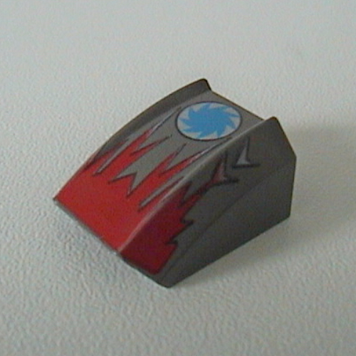 Lego Brick Curved 2 x 2 with Lip, No Studs with Red Flames/Blue Star Print (Shredd) - Set 4570 / Dark Gray
