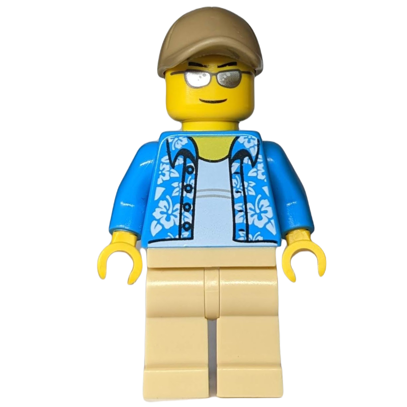 Lego Man, Open Dark Azure Hawaiian Shirt, Tan Legs, Dark Tan Cap, Silver Sunglasses