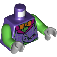 Lego Torso Vest, Magenta Collar, Orange Bow Tie, Green Shirt, Chain Print, Bright Green Arms, Light Bluish Gray Hands / Dark Purple