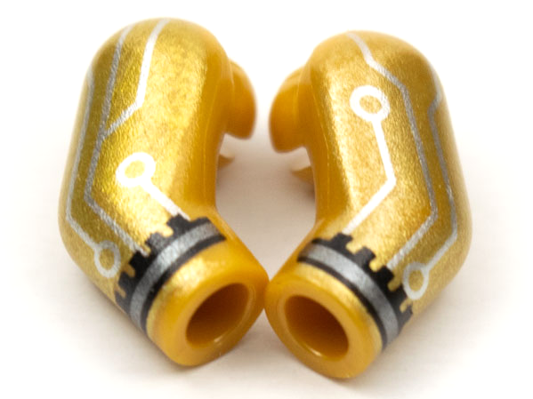 Lego Arm, (Matching Left and Right) Pair with Cuff and Silver Circuitry Pattern / Pearl Gold