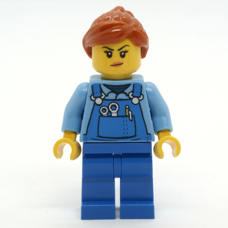Lego Woman, Blue Overalls over Shirt, Dark Orange Hair, Dirt Stains
