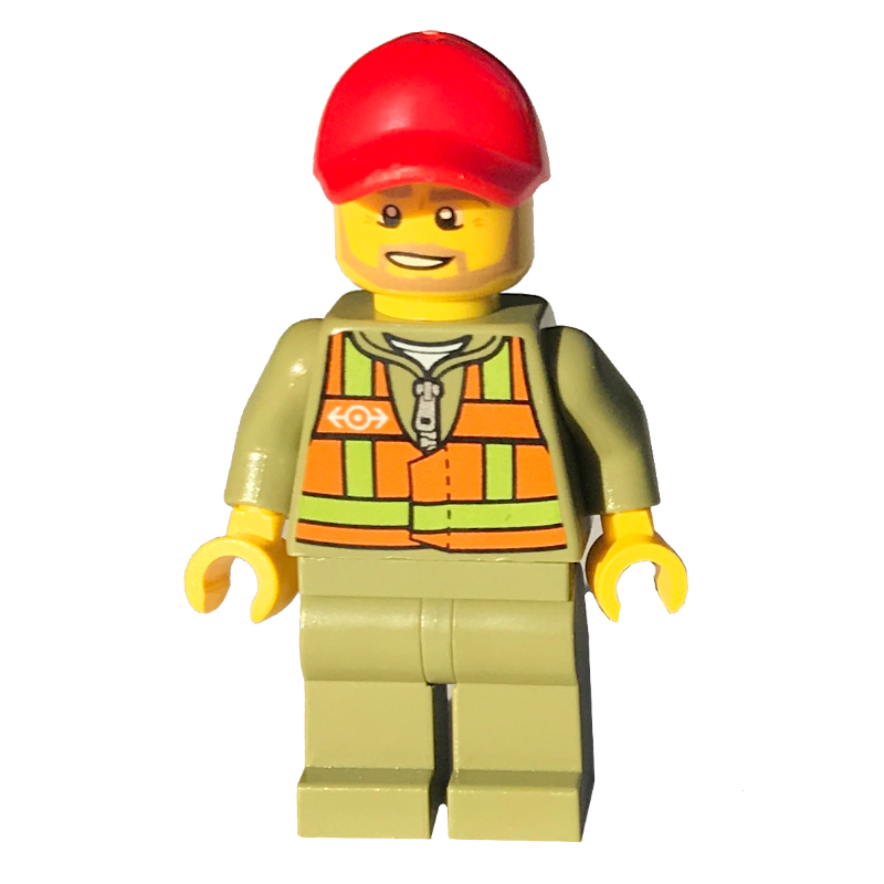 Lego Train Driver - Orange Vest, Olive Green Legs, Red Cap