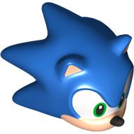 Lego Minifig Head Special, Sonic the Hedgehog with Green Eyes, Light Nougat Face and Ears, Black Nose and Open Mouth Smile Print / Blue