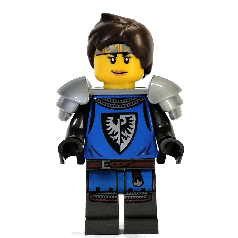 Lego Black Falcon Knight, Female - Blue Torso, Pearl Dark Gray Legs, Dark Brown Hair, Flat Silver Shoulderguard