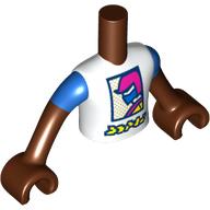 Lego Minidoll Torso Boy with White Shirt with Magenta/Blue Decorations, Yellow Letters, Blue Sleeves print, Reddish Brown Arms and Hands / Reddish Brown