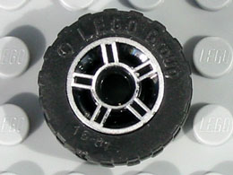 Lego Wheel 11mm D. x 6mm with 5 Spokes with Silver Outline Pattern with Black Tire 17.5 x 6 (50944pb01 / 51011u)