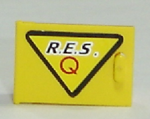 Lego Container, Cupboard 2 x 3 x 2 Door with Black 'R.E.S.' and Red 'Q' on Yellow Triangle with Black Border Pattern Model Left Side (Sticker) - Set 6462