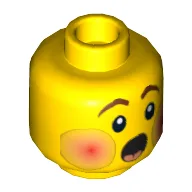 Minifig Head, Rosy Cheeks, Open Mouth, Brown Eyebrows Print [Blocked Open Stud] / Yellow