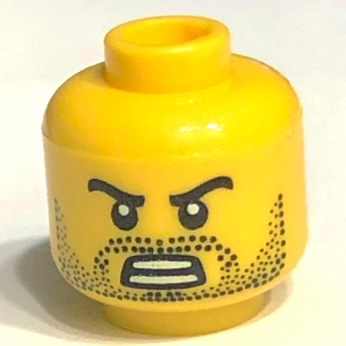Lego Minifig Head Beard Stubble, Black Angry Eyebrows with Baring Teeth Open Mouth / Yellow