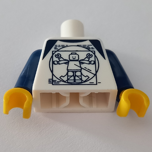 Lego Torso Shirt with Dark Blue Vitruvian Minifigure Print, Dark Blue Arms, Yellow Hands