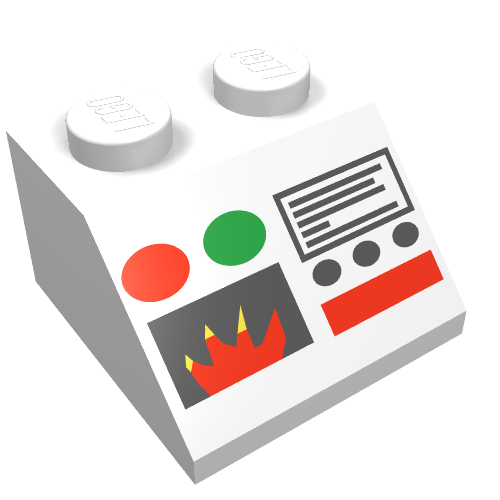 Lego Brick Sloped 45° 2 x 2 with Flame and Control Panel Print fire / White