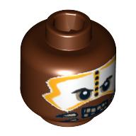 Lego Minifig Head Cannibal, White and Yellow Face Paint Print [Blocked Open Stud] / Reddish Brown