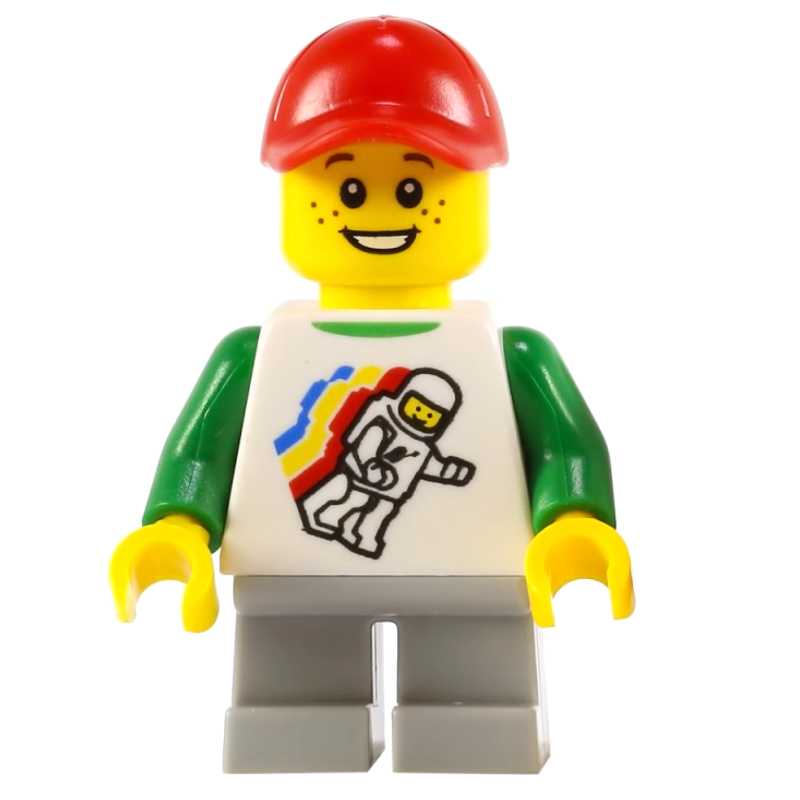 Lego Boy, Floating Classic Spaceman on Shirt, Short Light Bluish Gray Legs, Red Cap