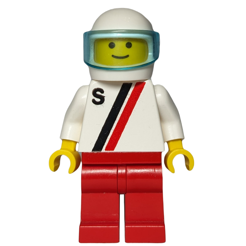 Lego Man, White Shirt with Two Stripes and 'S', Red Legs, White Helmet with Visor