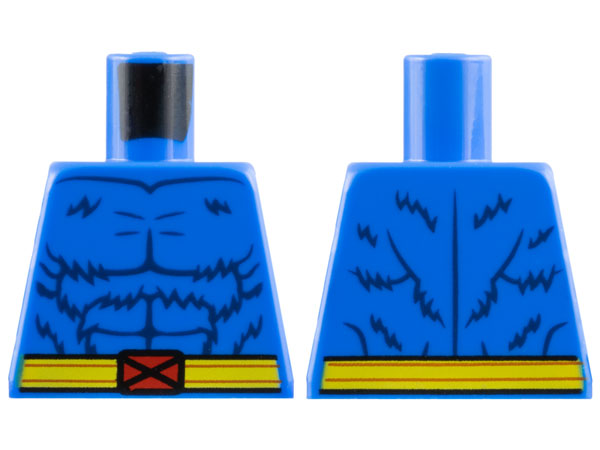 Lego Torso Dark Blue Fur and Muscles Outline, Yellow Belt with Red X-Men Logo Buckle Pattern