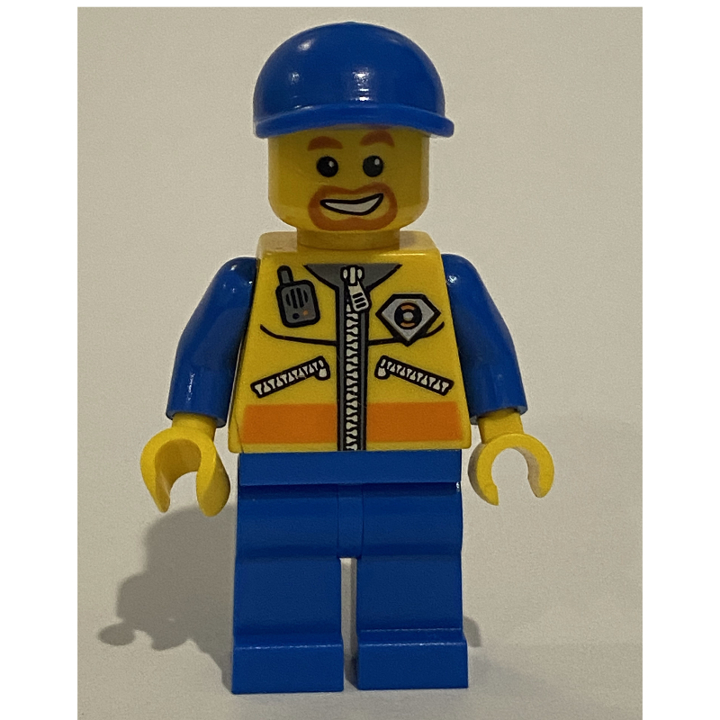 Lego Coast Guard, Yellow Jacket with Zipper, Radio and Badge, Blue Cap, Goatee Beard
