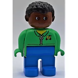 Duplo Figure, Early, Short Afro Hair Black, Blue Legs, Shirt with Zipper and Cargo Logo Print / Bright Green