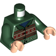 Lego Torso Cardigan, Knitted with Sand Green and Dark Red Design, Collar and Buttons Print, Dark Green Arms, Light Nougat Hands / Dark Green