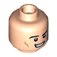 Minifig Head Superman / Hyperion, Cheek Lines, Chin Dimple, Open Mouth Smirk / Bared Teeth with Red Eyes Print / Light Nougat