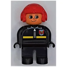 Duplo Figure, Early, Aviator Hat Red, Black Legs, Fire Jacket with Zipper Print / Black