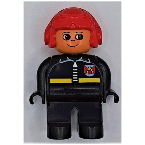 Lego Duplo Figure, Early, Aviator Hat Red, Black Legs, Fire Jacket with Zipper Print / Black