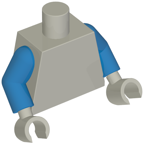 Lego Torso Armour with Silver and Dark Azure Panels, Orange Pentagon with Yellow Lion Print, Blue Arms, Light Bluish Gray Hands / Light Bluish Gray