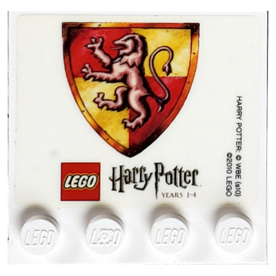 Lego Plate Special 4 x 4 with Studs on One Edge and 'LEGO Harry Potter Years 1 - 4' with Gryffindor Crest Print (Sticker) / White