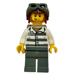 Criminal, Prison Shirt with #86753, Dark Bluish Gray Legs, Reddish Brown Helmet with Goggles, Dark Tan Backpack, Beard