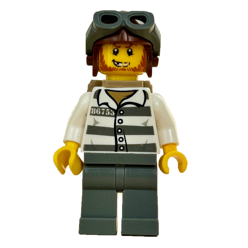 Lego Criminal, Prison Shirt with #86753, Dark Bluish Gray Legs, Reddish Brown Helmet with Goggles, Dark Tan Backpack, Beard