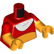 Lego Torso, Short Shirt, Bright Orange Belly, White Bib print, Dual Molded Arms with Red Sleeves Pattern, Bright Orange Arms, Hands