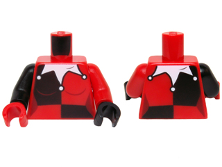 Lego Torso Female Black Quarters, White Jester's Collar Pointed Pattern / Red Arm Left / Black Arm Right / Black Hand Left / Red Hand Right